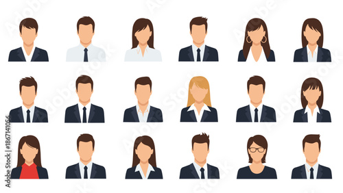 Professional business avatar collection features men and women in formal suits suitable for corporate profile images.