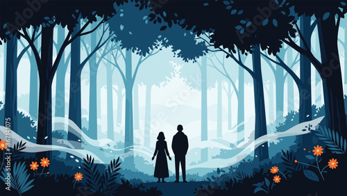 Mysterious illustration of a couple standing together in a dark misty forest surrounded by silhouettes of tall trees.
