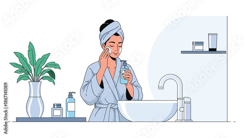 Young woman wearing a blue robe and towel wrap performs her daily skincare routine at a modern bathroom vanity sink.