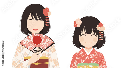 Two female characters are dressed in beautiful traditional japanese kimonos with intricate floral patterns and fans.