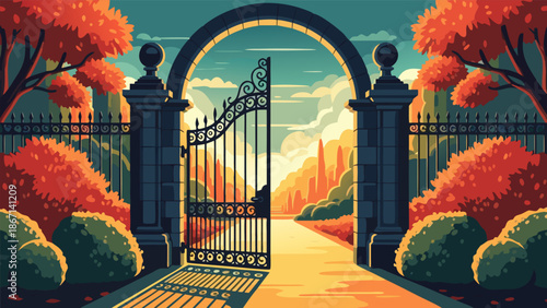 vector illustration of an ornate, open gate leading to a sun-drenched path lined with autumn trees and manicured bushes