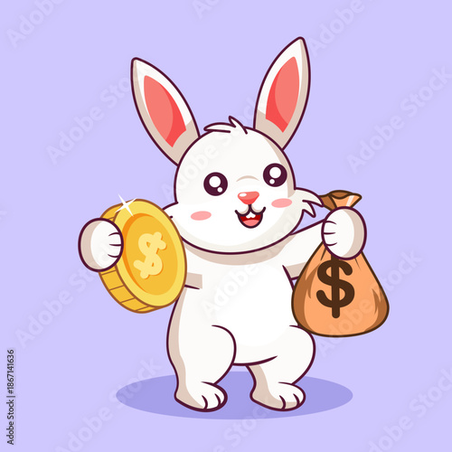 Happy Cartoon Rabbit Holding a Gold Coin and a Bag of Money Vector Illustration Cartoon Design Kawai