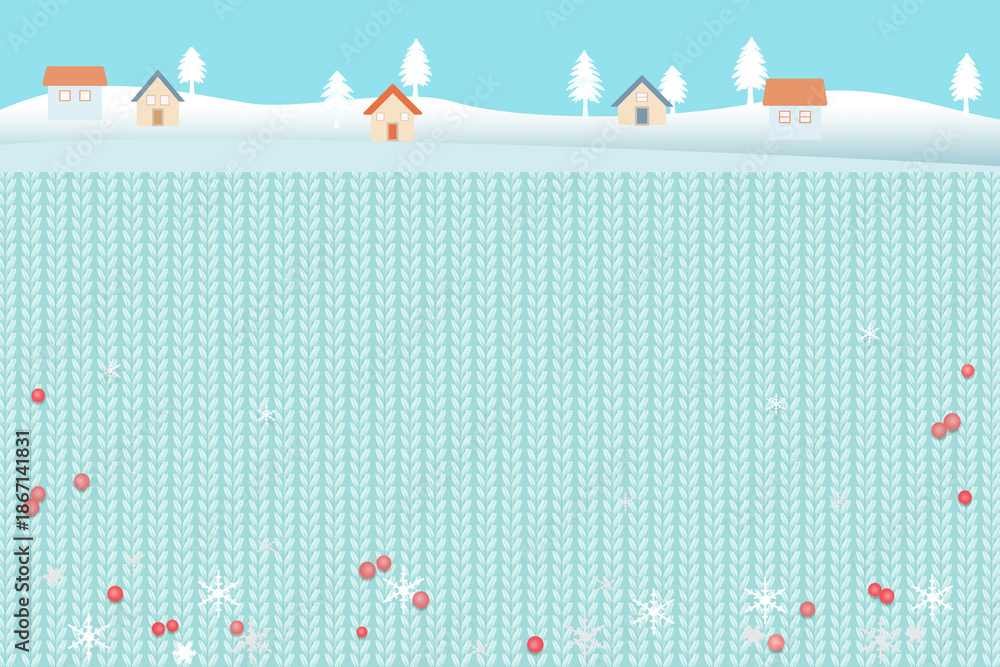Φωτογραφία 家と木のある雪の風景、ニット編み物の背景イラスト