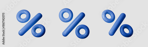 Set 3D blue percent icons on white background. Realistic discount symbols for sale promotions, special offers, and retail marketing campaigns with dynamic composition.