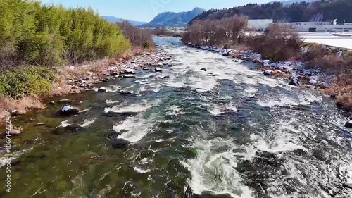 Aerial view of the majestic Tone River flowing through a snowy landscape