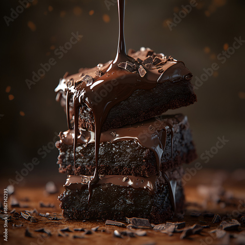 Decadent Chocolate Brownie with Chocolate Sauce Drizzle on Dark Background