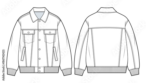 Oversized Trucker Jacket Technical Fashion Illustration. Y2K denim jacket with boxy fit, drop shoulders, button placket, chest patch pockets, long sleeves. Front and back views. Unisex CAD mockup Set.