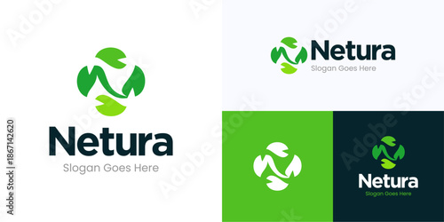 Modern letter N integrated with stylized green leaf shapes in circular formation for nature, Logo icon design vector illustration, Symbol initial alphabet sign with leaves for brand identity business