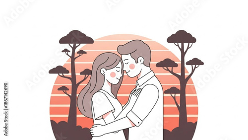 Couple embracing in a minimalist flat design representing love and connection against a sunset backdrop perfect for romantic themes