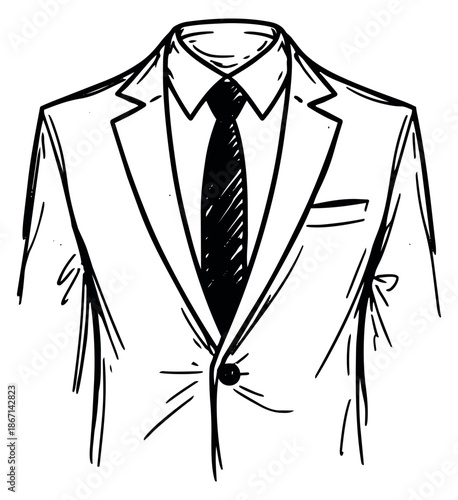 Hand drawn line art illustration of a suit and tie depicting elegant formal wear for business occasions