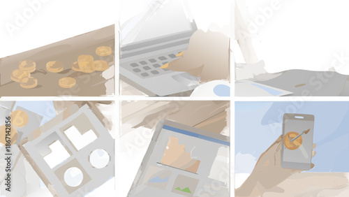 A collection of financial and technological elements displayed through various illustrations, showcasing currency, devices, and digital interfaces in a modern setting