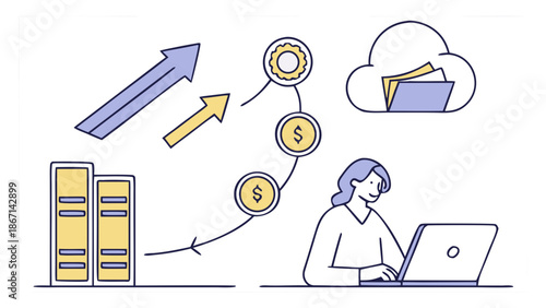 Woman working on laptop surrounded by financial data and currency symbols in a modern digital workspace