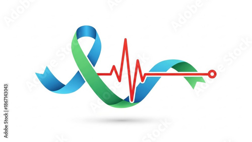 A stylized green and blue awareness ribbon intertwined with a red ecg heartbeat line and arrow on white background symbolizing health and medical concepts