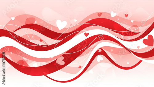 Vibrant red and white wavy ribbons with hearts on a pink background for valentine's day or love themed designs with valentine s day and romance