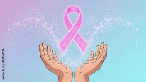 Hands cradling a pink breast cancer awareness ribbon with sparkling particles on a gradient background with pink ribbon and health awareness