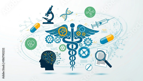 Medical technology and healthcare concept with caduceus surrounded by pills microscope dna helix and gears on white background with medical research