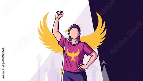 A cartoon illustration of a young woman with yellow wings and a pink shirt standing triumphantly with one arm raised and the other on her hip against a white and dark