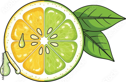 Citrus Fusion: A refreshing and visually stunning illustration of a halved citrus fruit, blending the vibrant zest of a lemon and the tang of a lime. Enhanced with fresh.
