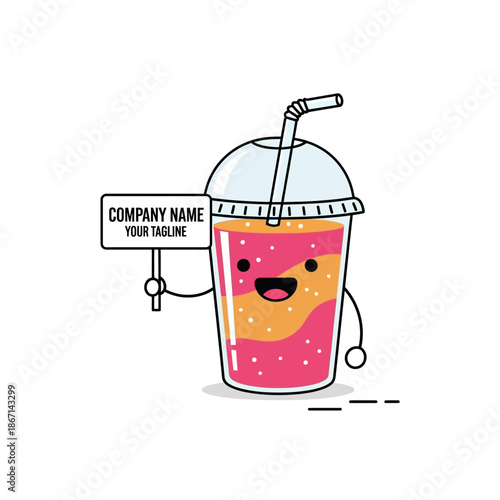 Cute Kawaii Smoothie Character Holding a Sign.