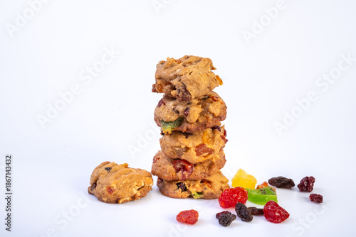 A stack of cookies with freeze dried fruits on white background. Cookies homemade delicious and favorise.