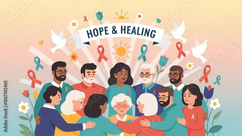 Diverse group of people showing support and solidarity for health awareness with ribbons and flowers in a hopeful and healing environment with diversity