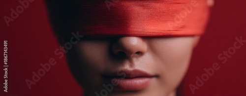 Redacted Identity Cropped Face with Red Blindfold on Deep Crimson Background Identity and Censorship Concept Censored Reality