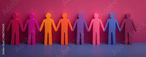 Inclusive Community Line Vibrant multi colored human cutouts stand linked hand in hand against a pink and purple wall