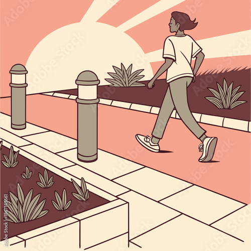 Woman walking on plaza under sunlight in minimalist style