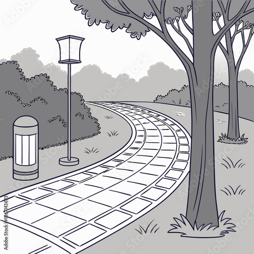 Curved pathway with stone tiles surrounded by trees in a park