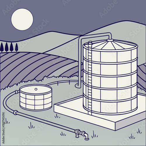 Diagram of micro pumped hydro system on a hillside