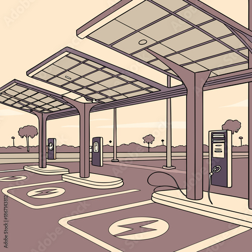 Solar Powered Electric Vehicle Charging Station Bays in Landscape