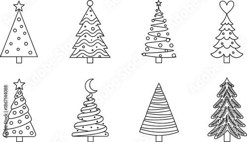 Cad drawing flat vector illustration, stylized Christmas tree icon set, eight festive shapes with stars, hearts, moons, ornaments