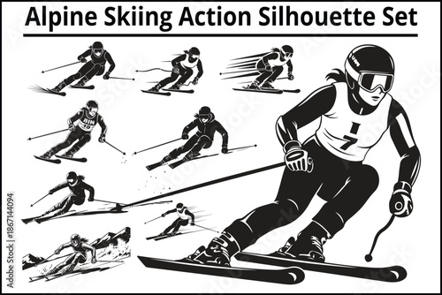Mountain Skiing Silhouette Set