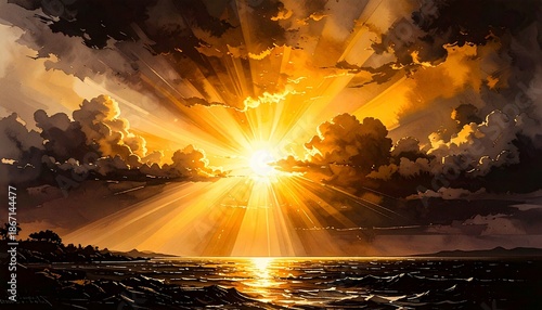 ドラマティックな夕陽（風景画）