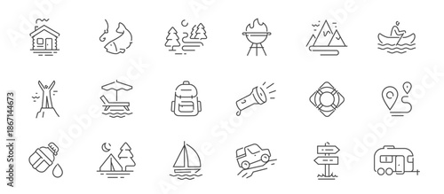 Outdoor activities set of icons in line style. Summer camp linear symbols collection. Camping and hiking concept