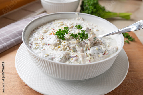 German fresh and homemade herring salad or marinated herrings with sour cream, apples, onions and pickles in a bowl