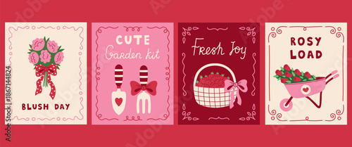 Pink Garden Posters Set. Hand Drawn Romantic Feminine Spring Gardening Coquette Aesthetic with Bow Vintage Curly Border and Motivational Phrase. Vector illustration