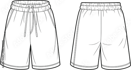 Cad drawing flat vector illustration, technical fashion sketch, knee-length shorts design, garment