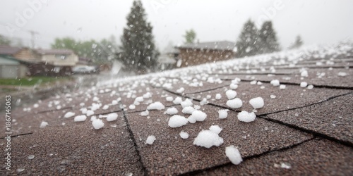 Large hailstones falling and accumulating on an asphalt shingle roof during a severe summer storm.