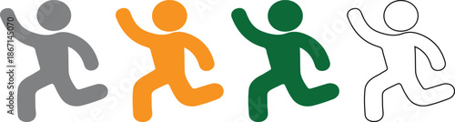 Four colorful stick figures running with one arm raised in celebration isolated on white background