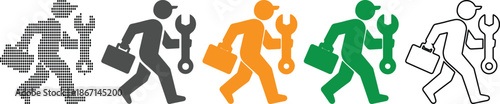 stick figures of workers with tools and briefcases in various colors and styles walking