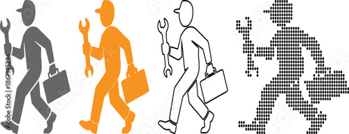 Three workers with tools and briefcases walking in different colors on white background