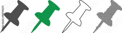 Variety of push pin icons in different colors and styles for graphic design