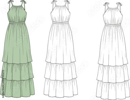 Cad drawing flat vector illustration, tiered maxi dress with shoulder tie straps, fashion clipart for sewing pattern and design