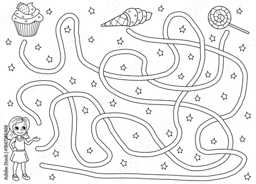 Girl sweet maze graphic black white sketch illustration vector