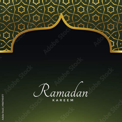 Ramadan Kareem greeting card with gold pattern and green gradient background