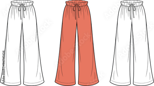 Cad drawing flat vector illustration, wide-leg drawstring pants front side back view, fashion mockup, relaxed fit garment layout
