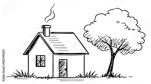 Hand drawn line art illustration of a house and tree depicting smoke rising from the chimney for real estate and home concepts