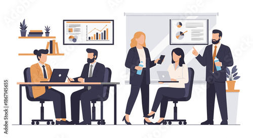 Modern office business team collaborating in a meeting room with charts and presentations.