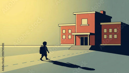 Child with backpack walking towards school building at sunrise symbolizing education and new beginnings flat illustration